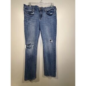 American Eagle Womens Skinny Jeans 14 Distressed Denim Boho Whiskered Stretch